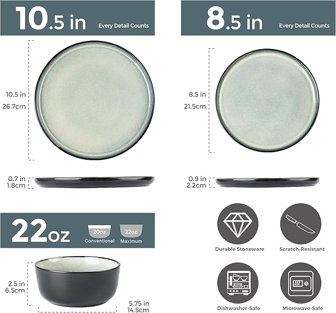 AmorArc Stoneware Dinnerware Sets,Round Reactive Glaze Plates and Bowls Set,Highly Chip and Crack Resistant | Dishwasher & Microwave Safe Dishes Set,Service for 4 (12pc)