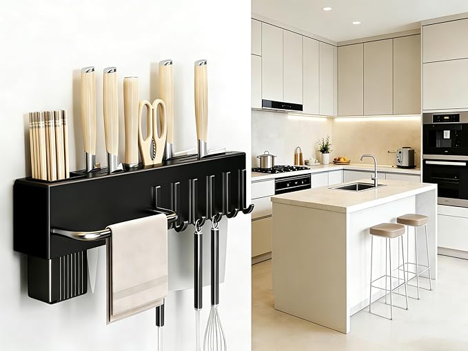 SEIDO Carbon Steel Utensil Rack – Space-Saving 24" L Kitchen Organizer with hooks & hanging bar, Matte Black Knife Holder, 2 Installation Options (Adhesive/Screwed)