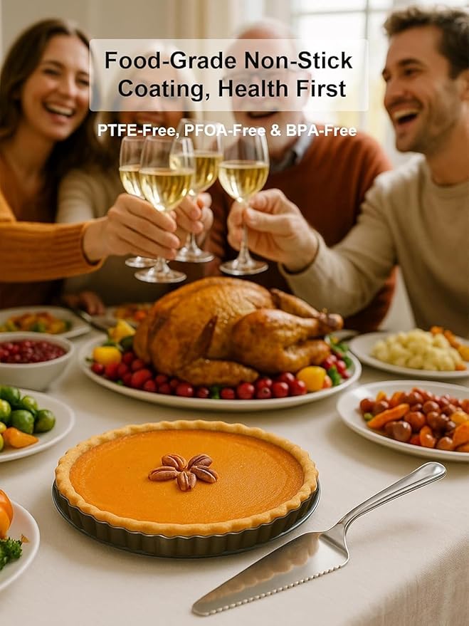 10 Inch Round Quiche Pans with Pie Server. Removable Bottom, Non-Stick Coating, Rugged Carbon Steel for Tart Quiche Pie Cake Baking. Gift for Women Wife Christmas Thanksgiving Party Festival