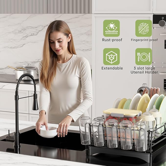 Ekisemio Expandable Dish Drying Rack for Kitchen Counter, Large Capacity Dish Drainer with Utensil Holder & Drip Tray, Space Saving Organizer (12.7"-21.7" x 17"), Black