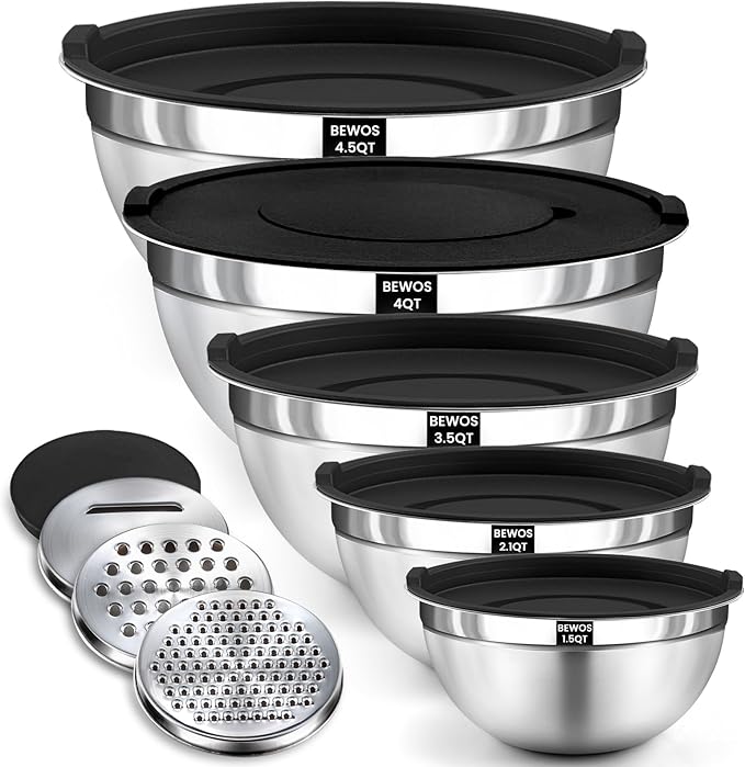 BEWOS Mixing Bowls with Lids Set - 5 Pcs Stainless Steel Mixing Bowls With 3 Grater Attachments, Size 4.5, 4, 3.5, 2.1, 1.5QT Metal Bowls for Baking and Serving (Black)