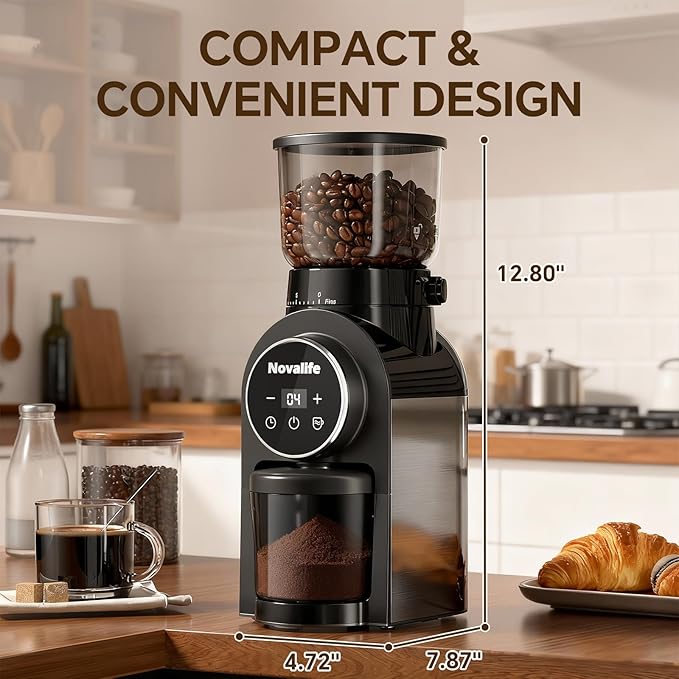 Electric Coffee Grinder, Burr Coffee Beans Grinder with 30 Grinding Settings, Burr Mill Grinder for Home Use, Touchscreen Adjustable 2-10 Cups or 40-Second Timer, Stainless Steel