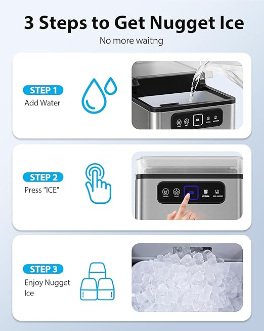 Aeitto Nugget Ice Maker 40Lbs/24H, Countertop Soft Chewable Ice Pebble Ice Machine, One-Click Operation, Auto Self-Cleaning Ice Makers with Scoop&Basket for Home, Office, Kitchen, Party (Grey)