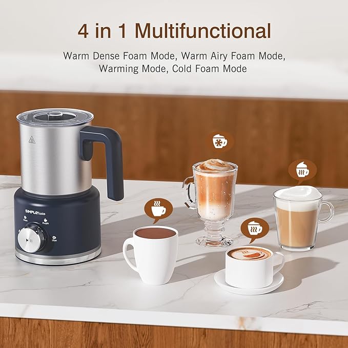 SIMPLETASTE Milk Frother, 4 in 1 Electric Milk Steamer, 16.91oz/500ml Automatic Warm and Cold Foam Frother for Coffee, Latte, Macchiato, Cappuccino, Hot Chocolate, Easy to Clean