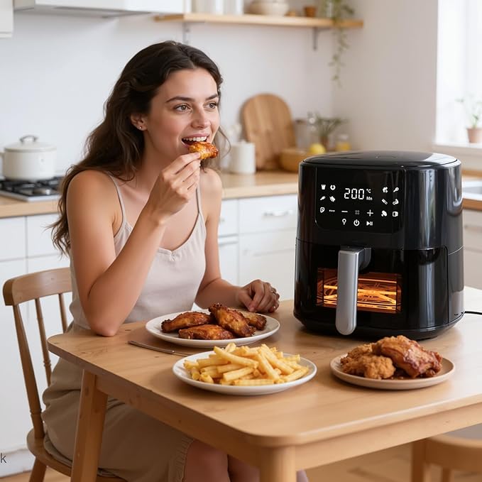 QIDO Air Fryer 8-in-1 with 5.5 QT Capacity,180°-450°F Precision Heating, AirFry, Roast, Broil, Reheats,Dehydrates, Easy-View Window, Features Shake Reminder, Large Touch Display with Auto Menus, Black