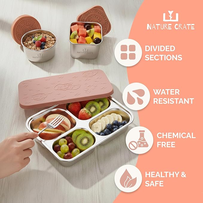 Stainless Steel Lunch Box for Kids 5 and Older – 3 Pieces Stainless Steel Bento Box with 4 Compartments & 2 Snack Containers – Leak Proof, BPA-Free, Eco-Friendly, Dishwasher Safe & Durable – Pink