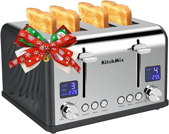KitchMix Toaster 4 Slice, Bagel Stainless Toaster with LCD Timer, Extra Wide Slots, Dual Screen, Removal Crumb Tray (Gray)