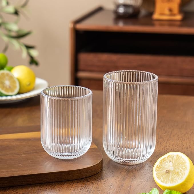 Ribbed Drinking Glasses 8pcs, Rocks Drinking Glasses 12oz and 10oz, Tumbler Glasses Cup Set for Wedding, Party, Christmas Gift, Clear