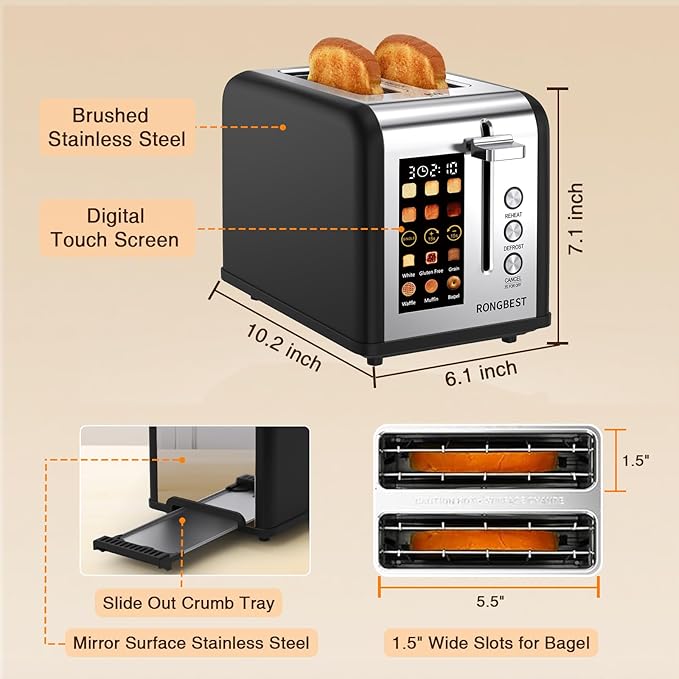 2 Slice Touch Screen Toaster Stainless Steel with Wide Slots, Even Toasting for Bagels & Bread, Defrost & Reheat, Easy Removable Crumb Tray, Matt Black