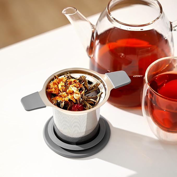 Stainless Steel Tea Infuser for Loose Leaf Tea – Extra Fine Mesh Strainer with Heat Proof Double Handles & Lid, Reusable Filter Fits Mugs, Cups & Teapots, Gray