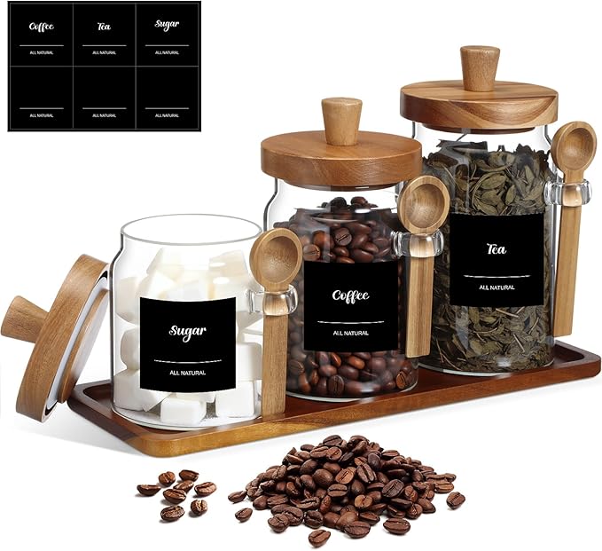 Suclain 3 Pcs Glass Coffee Container with Wooden Lid Spoon Shelf Labels Clear Airtight Jar Food Storage Canister Set for Sugar Spice Coffee Bean Holder Housewarming Gift(13.5,20,25 oz,Acacia Brown)