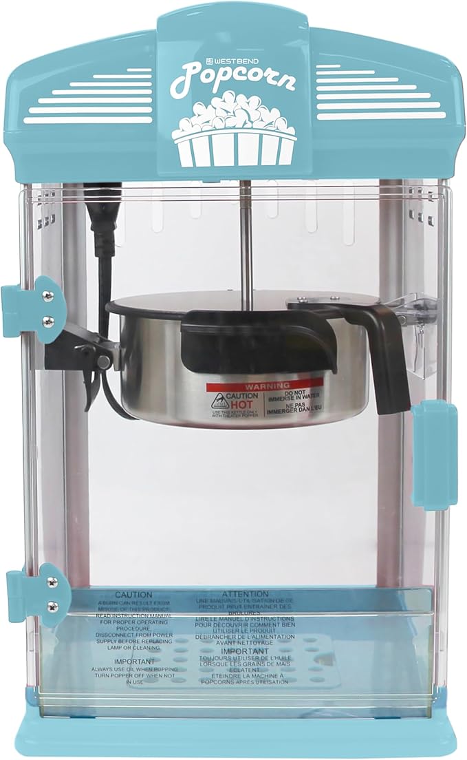 West Bend Stir Crazy Movie Theater Popcorn Popper, Gourmet Popcorn Maker Machine with Nonstick Popcorn Kettle, Measuring Tool and Popcorn Scoop for Popcorn Machine, 4 Qt., Blue