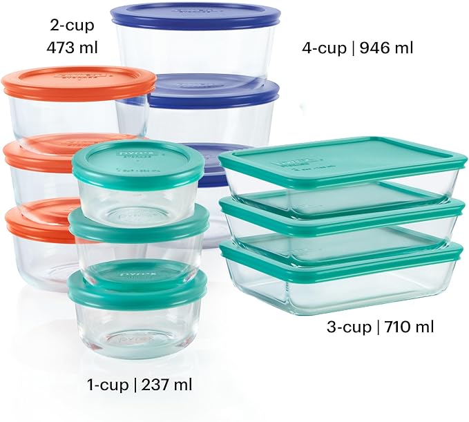 Pyrex Simply Store (12-Pack) Glass Food Storage Containers Set, (1, 2, & 3 Cup) Meal Prep Containers with Plastic BPA-Free Lids, Dishwasher & Microwave Safe