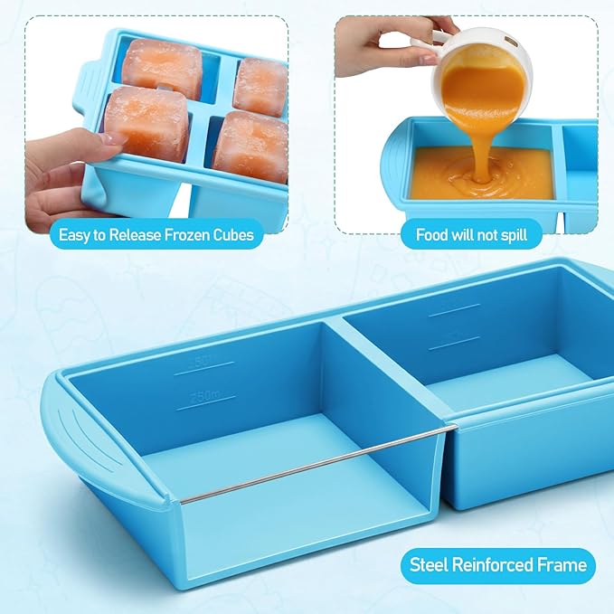 4 Pack Silicone Freezer Trays with Lid, 1/5, 1/2, 1, and 2 Cup Soup Freezer Molds Set Stainless Steel Frame Ice Cube Tray for Meal Prep Freezing Soup Stews Sauces Oven Microwave Safe(Blue)