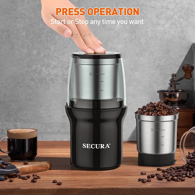 Secura Electric Coffee Grinder and Spice Grinder with Stainless Steel Blades, 2 Removable Bowls, Black