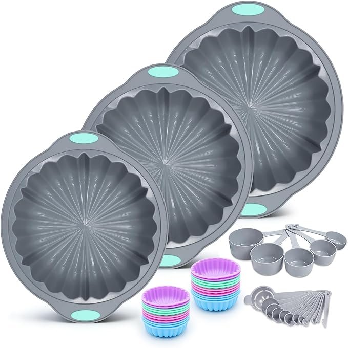 To encounter 44 Pieces Silicone Round Cake Pans Set, 3 Sizes Silicone Fluted Cake Pan Set with Reusable Baking Cups, Food Grade Baking Molds for Brownie, Bread, Muffin, Light Grey