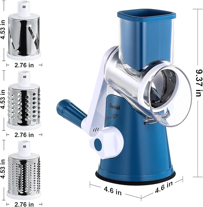 Geedel Rotary Cheese Grater, Kitchen Mandoline Vegetable Slicer with 3 Interchangeable Blades, Easy to Clean Rotary Grater Slicer for Fruit, Vegetables, Nuts