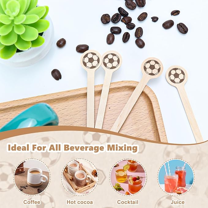 100 Pcs Soccer Coffee Stir Sticks and Holder Coffee Stirrers Wood 6 Inch Soccer Swizzle Sticks Tea Stirrers Disposable Round End Cocktail Stirrers Black Coffee Stirrers Holder for Soccer Party Favors