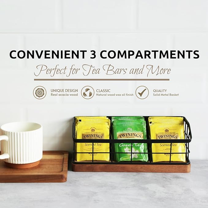 WILDMOS Tea Bag Organizer,Iron Wire Basket with Wooden Base.Tea Storage Containers with 3 Slots,Sugar Packet,Tea Bar Accessories for Countertop Cabinet Drawer.