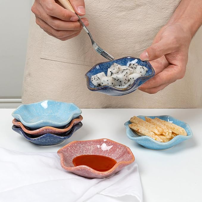 Dipping Bowls Set of 6, Ceramic Soy Sauce Dishes, 2 oz Dipping Sauce Cups, chrysanthemum Round Small Side Dish Dishes for Dipping Sushi Tomato Soy Sauce Dish