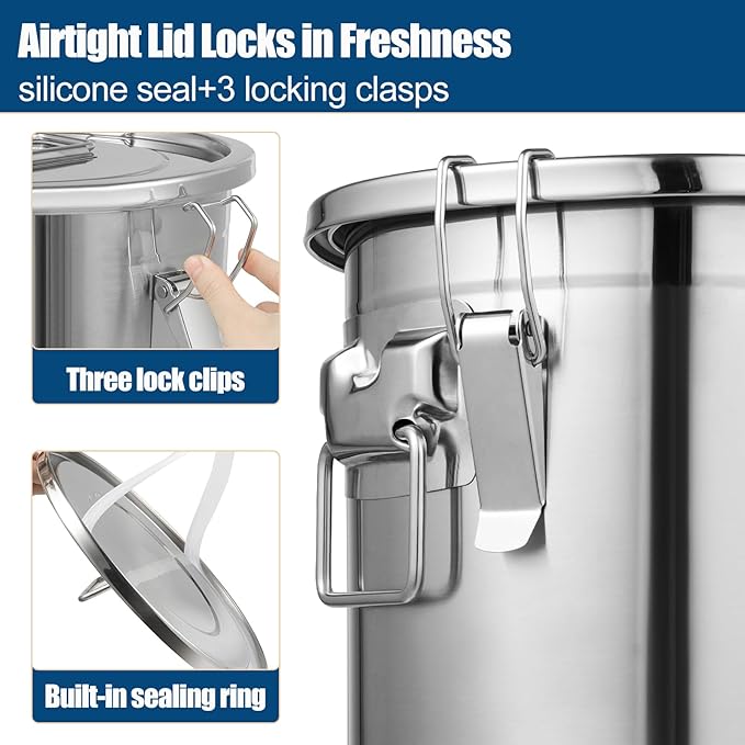 304 Stainless Steel Airtight Canister 5.55Gal /710.4oz/21L Airtight Food Storage Container with Lid and Lock Clips, Large Metal Storage Canister for Coffee Beans, Flour, Tea, Sugar, Cereals
