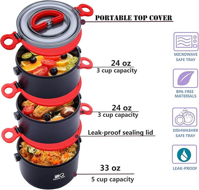 Bento Lunch Box for Adults with Bag & Utensils, 81oz Large Capacity Leakproof 3 Tier Stackable Lunch Box Containers for Adults Work, Men Women Dining Out, Insulated Bento Box Microwave Safe, Black