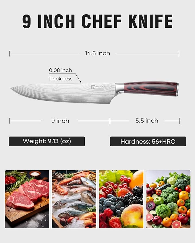 PAUDIN Chef Knife, 9 Inch High Carbon Stainless Steel Sharp Kitchen Knife with Sheath, Pakkawood Handle, Gift Box for Vegetables and Meat