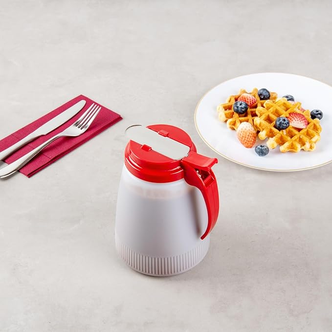 Restaurantware-Chef 101 48 Ounce All Purpose Syrup Dispenser, 1 Honey Dispenser - Red Top, Stainless Steel Slide Cover, Plastic Pancake Syrup Bottle, Perfect For Diners, Restaurants, Home