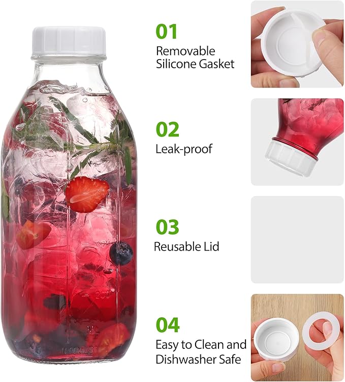 CUCUMI Moretoes 32 Oz Glass Milk Bottle with Reusable Strong Airtight Screw Lid, Reusable Glass Juice Bottles, Water Jug Breast Milk Pitcher, Buttermilk, Nut, Juice, Syrup, Coffee Creamer (2 Pack)