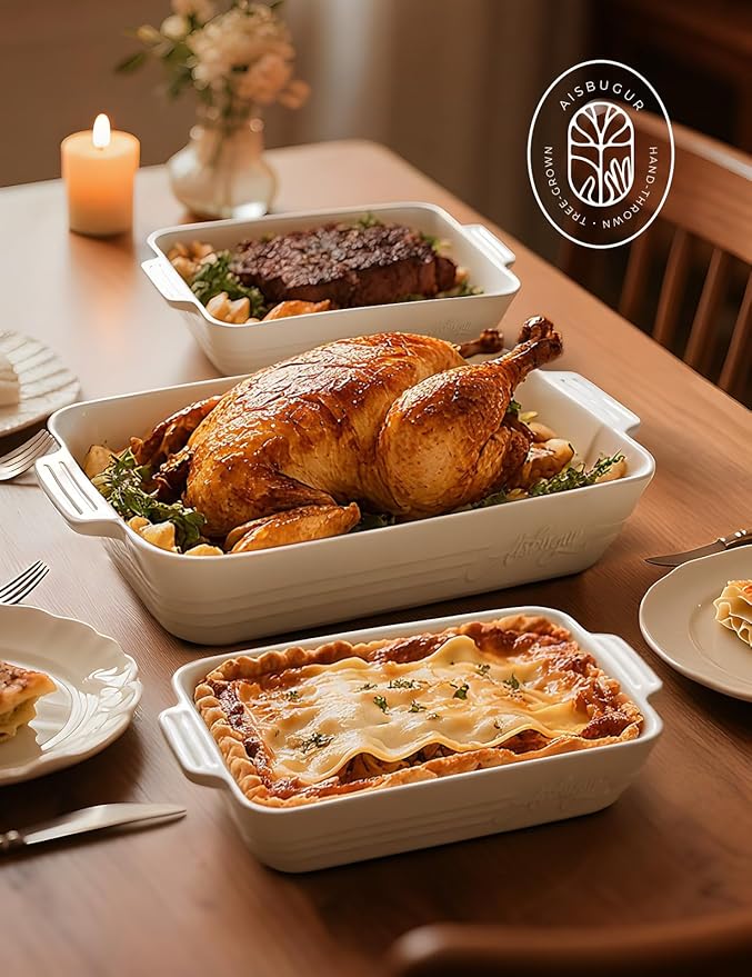 Ceramic Baking Dish Set, 3-Piece Casserole Dishes for Oven, Rectangular Baking Pans, Deep Lasagna Pans with Handles, Multi-Size Set for Cooking, Baking, Serving, and Gifting, White (16.1''/12.2''/9'')