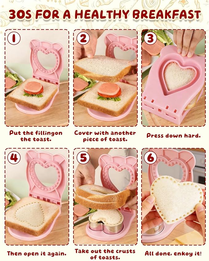 CHICHAUS Uncrustable Sandwich Maker,Sandwiches Pocket Circle Shape 3.7Inch Sandwich Cutter and Sealer,Sandwich Cutter for Kids Breakfast and lunchboxes (Heart Pink)