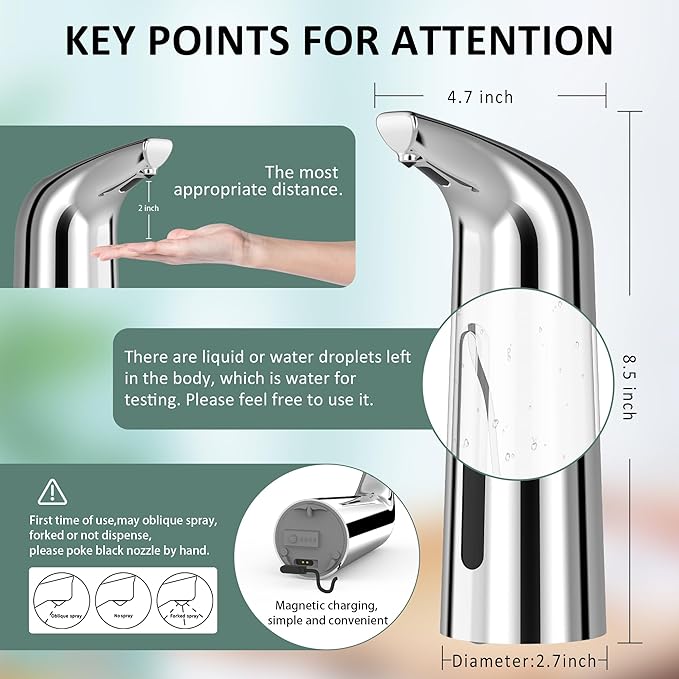 Automatic Soap Dispenser Touchless,400ML Hand & Dish Countertop Electric Liquid Rechargeable Dispenser with Sensor,Modern 4 Gear Adjustable Waterproof Kitchen Auto Soap Pump（Silver）