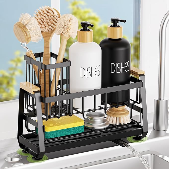 Sponge Holder for Kitchen Sink, Kitchen Sink Caddy with Suction Cup, Sink Organizer Rack for Kitchen Accessories, 304 Stainless Steel Dish Scrubber Holder Self Draining for Sponge, Soap, Dish Brush
