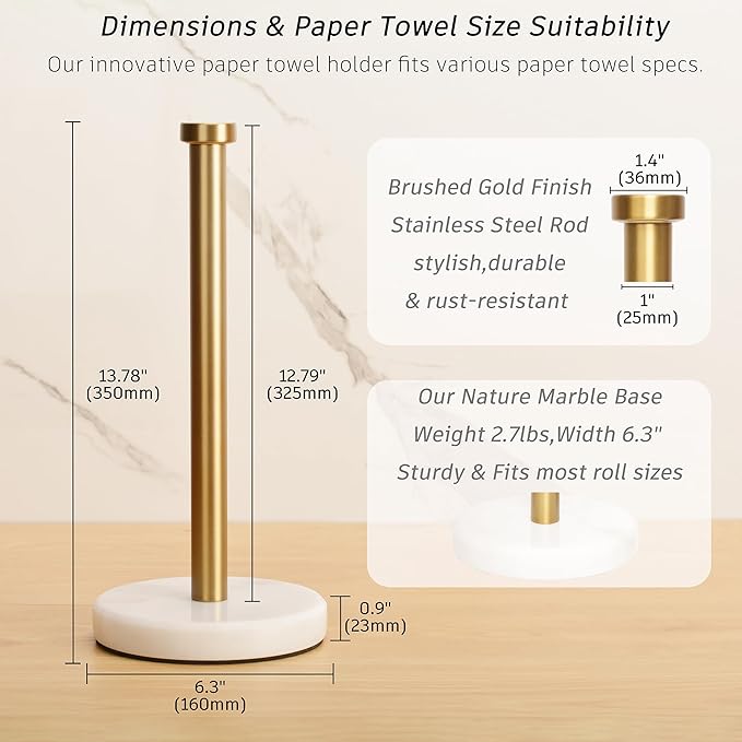 Paper Towel Holder Countertop, Heavy Weighted Marble Gold Paper Towels Holder for Kitchen Counter,Modern Standing Papertowel Roll Holders(Brushed Gold Stainless Steel Bar, White Natural Marble Base)