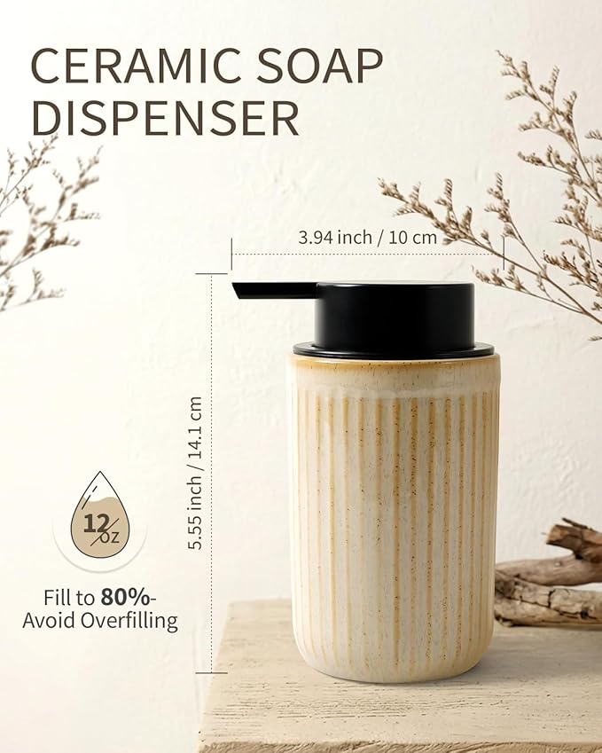 BosilunLife Dish Hand Soap Dispenser - Liquid Pump Soap Dispenser for Bathroom Deco 12oz Ceramic Kitchen Dish Dispenser with Rust-Proof Liquid Pump Modern Refillable Lotion Bottles, Greige
