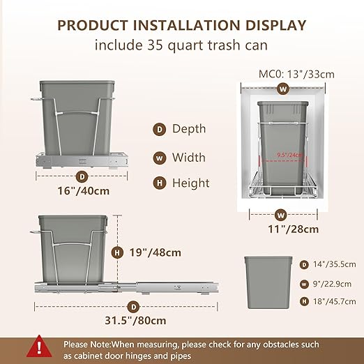Pull Out Trash Can for Kitchen Cabinets, Under Sink Garbage Bin with 35 Qt / 8.75 Gal can, Full Extension Slides, Heavy-Duty Steel Frame Requires Minimum 13" W x 22" D Cabinet Opening