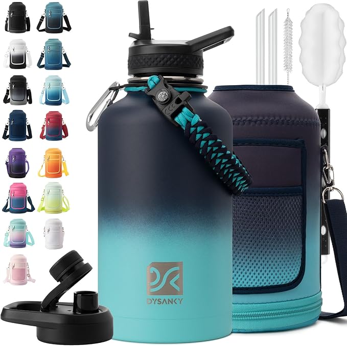 DYSANKY Insulated Water Bottle | Thickened Stainless Steel Vacuum Metal | Portable Sports Half Gallon Large Water Jug for Gym and Hiking with Straw, Carrier Bag, Handle Strap | BPA-Free 64 oz