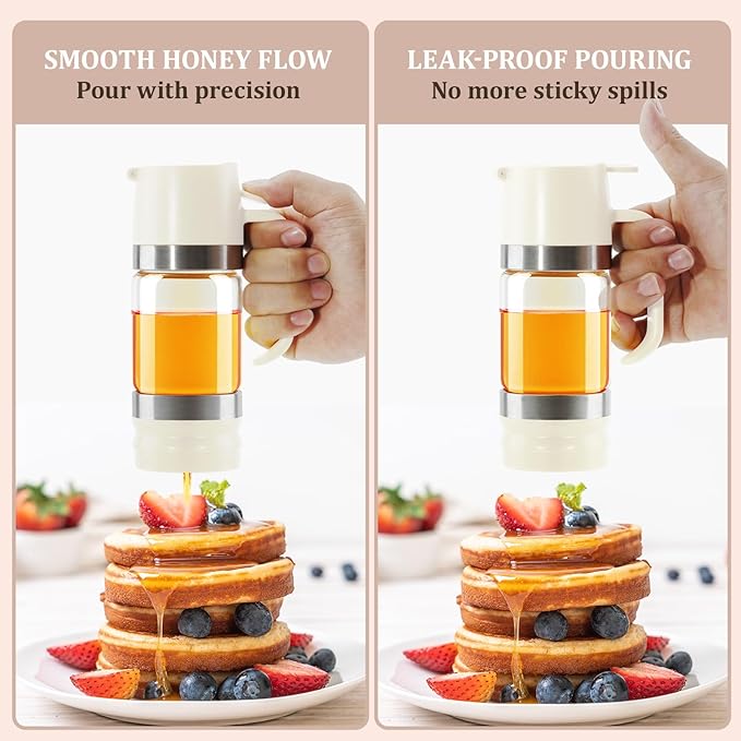 Aelga Honey Dispenser, Honey Dispenser No Drip 9 oz Glass Honey Jar with Handle & Base, Easy Pour Syrup Dispenser, No-Mess for Coffee, Tea, Waffles & Desserts, White