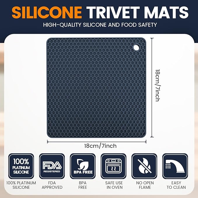 Silicone Trivet Mats 4 Heat Resistant Pot Holders Multipurpose Non-Slip Hot Pads for Kitchen Potholders, Drying mat, Jar Opener, Spoon Holder, Coaster.(Black Hidden Blue)