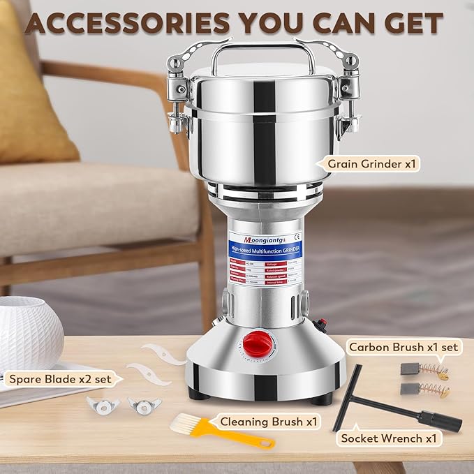 Moongiantgo 500g Grain Grinder Mill Electric Spice Grinder 2500W High-speed Grinding Machine 50-300 Mesh Stainless Steel 110V Pulverizer Dry Grinder (Timer Switch)
