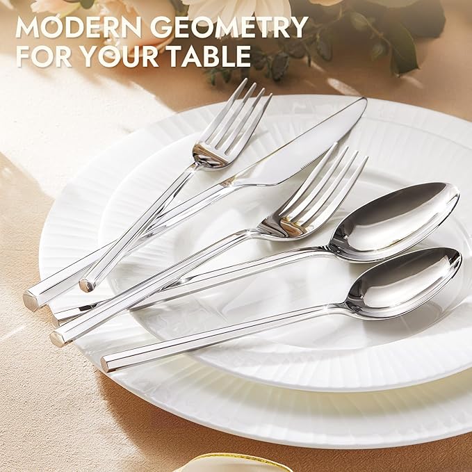 KINGSTONE 10-Piece Silverware Set, 18/10 Stainless Steel Flatware Cutlery Set with Hexagon Handle, for Hotel, Home, Party, Wedding Gift, Mirror Polish and Dishwasher Safe