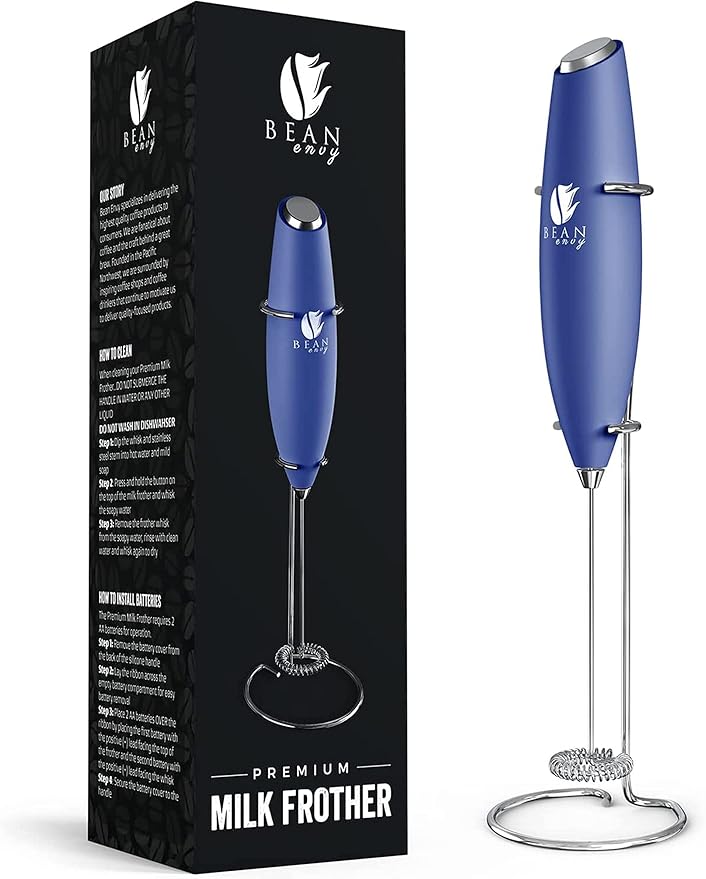 Bean Envy Milk Frother, Coffee Stirrers, Frother Wand, Milk Frother Handheld, Frother with stand, Hand Blender for Coffee, Lattes, Cappuccino, Matcha and Hot Chocolate – Kitchen Gifts - Blue