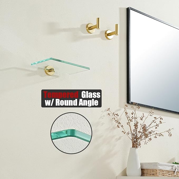 JQK Bathroom Glass Shelf Gold, Tempered Glass Shower Storage 8 by 5 inches, 304 Stainless Steel Brushed Gold Wall Mount, TGS101L8-BG