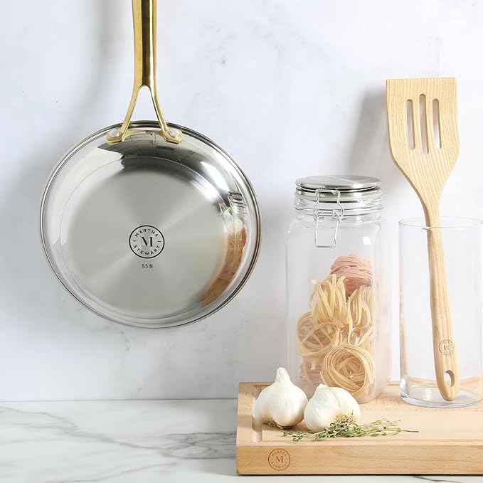 Martha Stewart Castelle 9.5-Inch Stainless Steel Frying Pan with Gold-Tone Handle – Tri-Ply Encapsulated Bottom, Oven Safe & Induction Safe Skillet for Searing and Sautéing