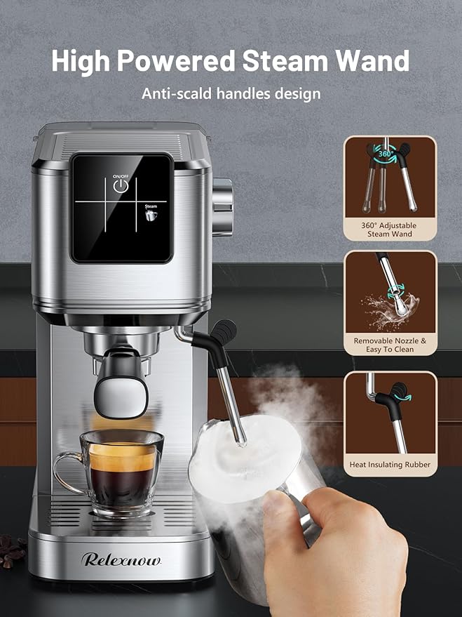 RELEXNOW Espresso Machine, 20 Bar Espresso Maker Milk Frother & LCD Panel, Hot & Iced with Rapid Cold Brew, Stainless Steel Espresso Coffee Machine with 41oz Water Tank for Cappuccino, Latte