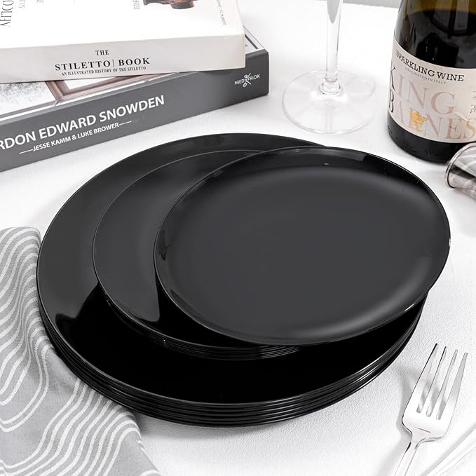 PULOTE 60 PCS Black Plastic Plates - Include 30 Dinner and 30 Dessert Plates, Black Disposable for Party,Birthday & New Year