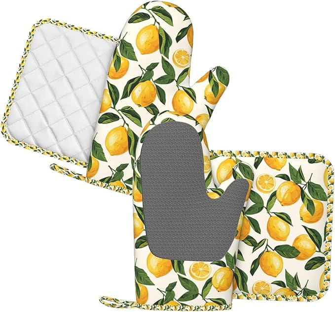 Oven Mitts and Pot Holders Set, Lemon Fruit Watercolor Silicone Kitchen Accessories 4 Piece Heat Resistant Long Gloves Potholder Non-Slip Grip for Chef Cooking Baking Grilling BBQ