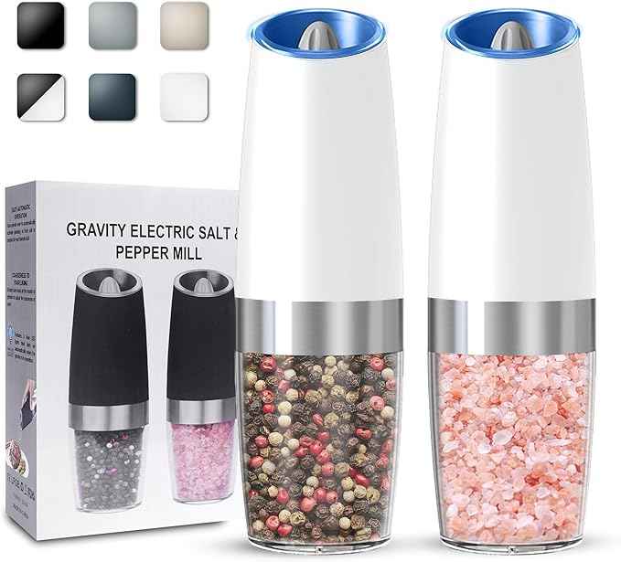 Gravity Electric Salt and Pepper Grinder set of 2, Automatic Salt And Pepper Grinder Set, Adjustable Roughness, Battery Powered, LED Light, 2 Pack, (White)