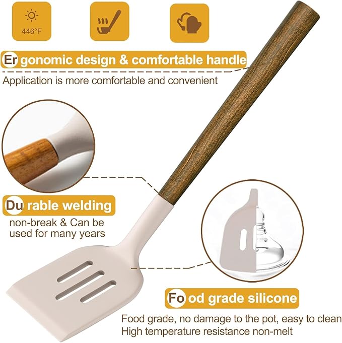 Silicone Cooking Utensil Set,Umite Chef 8-Piece Kitchen Utensils Set with Natural Acacia Wooden Handles, Silicone Kitchen Gadgets and Spatula Set for Nonstick Cookware - Khaki