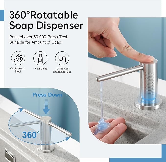 Kitchen Sink Soap Dispenser with 17 OZ Bottle and 40" Extension Tube Kit, Stainless Steel Built-in Soap Dispenser for Kitchen Sink or Countertop, in or Under Sink Installation, Brushed Nickel